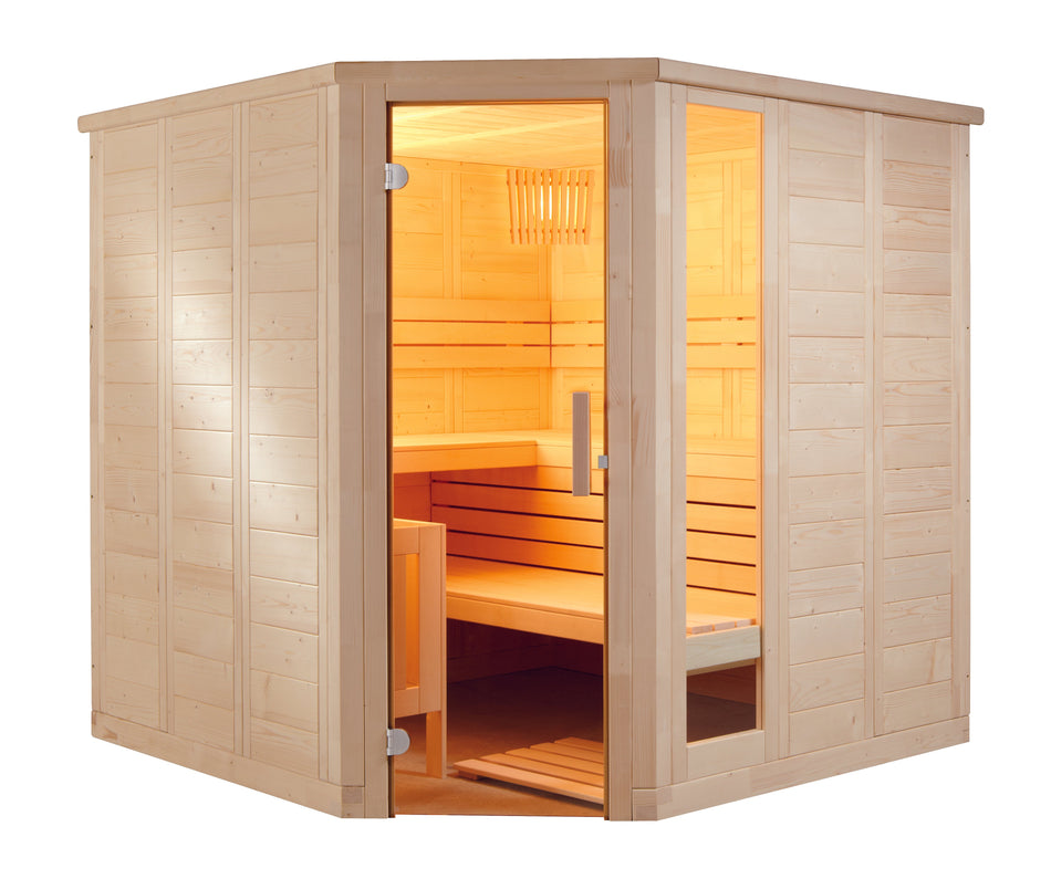 Sentiotec Komfort Corner Large | Massivsauna Fichtenholz Innensauna Bausatz | 234 x 206 x 204 cm (B/T/H)